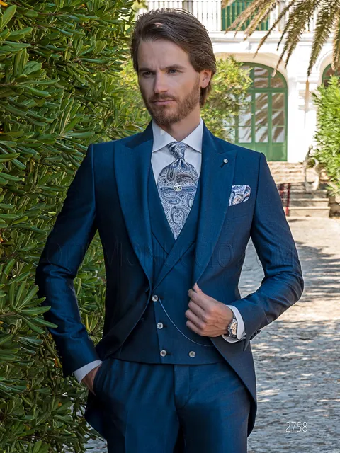 Modern morning suit model in royal blue mohair wool and double-breasted waistcoat