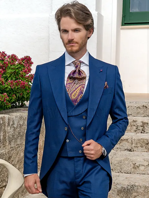 Formal morning suit with double-breasted waistcoat in blue Prince of Wales check