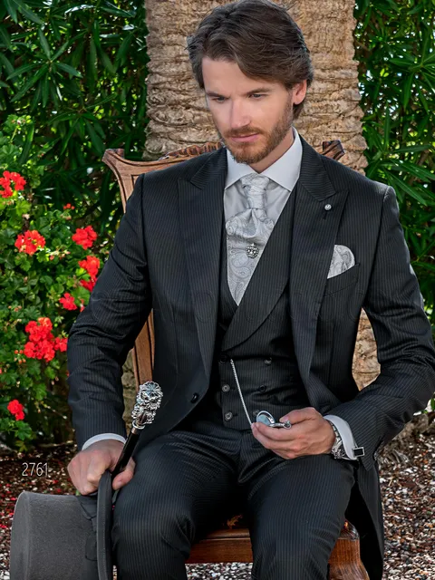 Modern black pinstripe half morning suit and double-breasted waistcoat