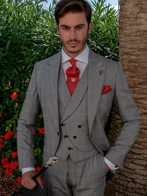Modern morning suit in grey Prince of Wales check and asymmetric shawl lapel waistcoat