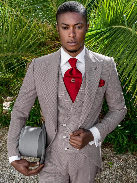 Vintage morning suit in houndstooth and waistcoat in bordeaux Prince of Wales check