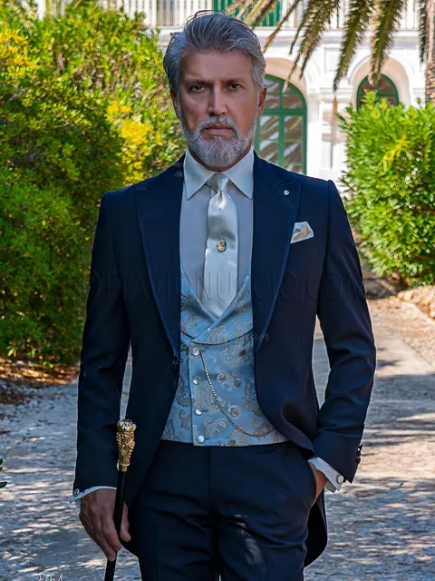 Made to measure blue formal morning suit with double-breasted pure silk waistcoat