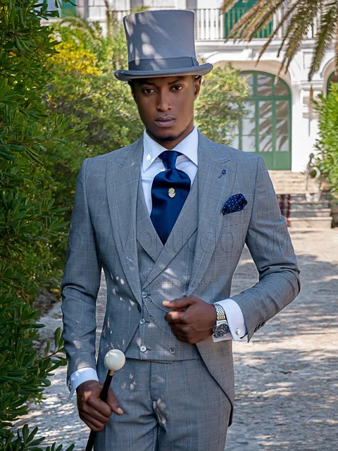 Modern half morning suit in grey Prince of Wales check and double-breasted waistcoat