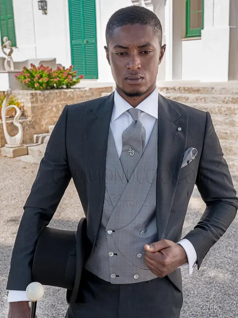 Men's modern grey half morning suit and silk Prince of Wales check waistcoat