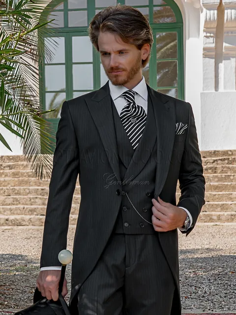 Classic vintage 3-piece formal morning suit in black pinstripe