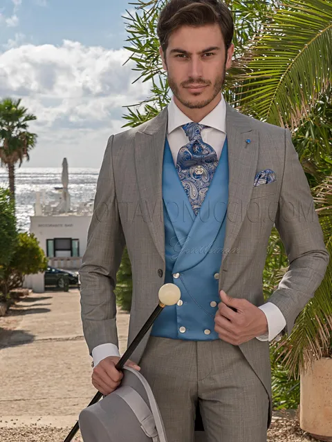 Classic grey formal morning suit and double-breasted satin waistcoat