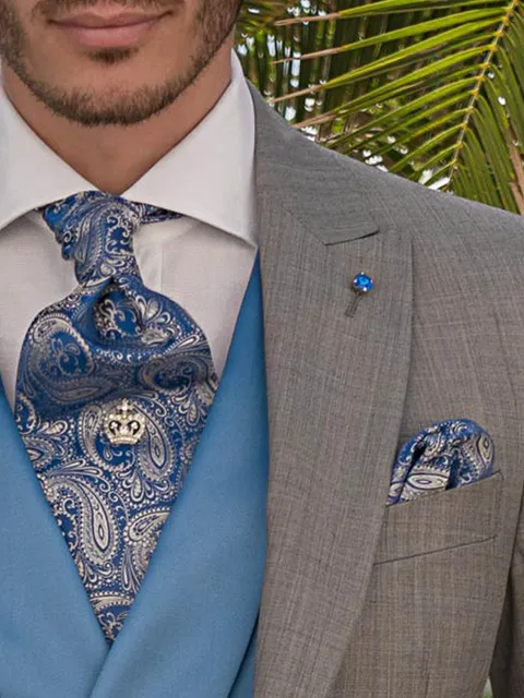 Cravat and Handkerchief in royal blue and silver paisley silk