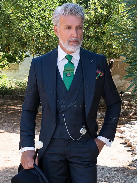 Modern formal morning suit in blue pure wool with double-breasted waistcoat