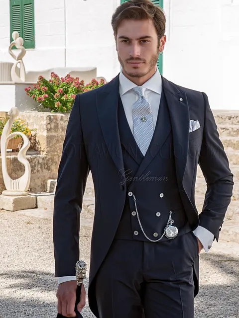 Men's classic formal morning suit and blue double-breasted waistcoat