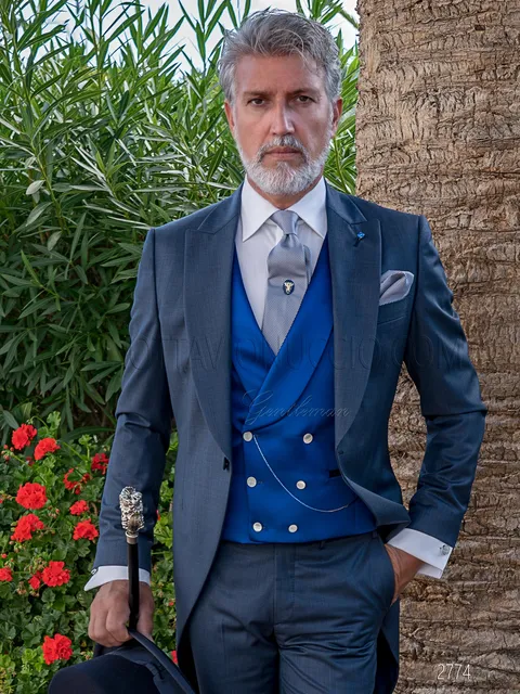 Classic blue formal morning suit with electric blue satin double-breasted waistcoat