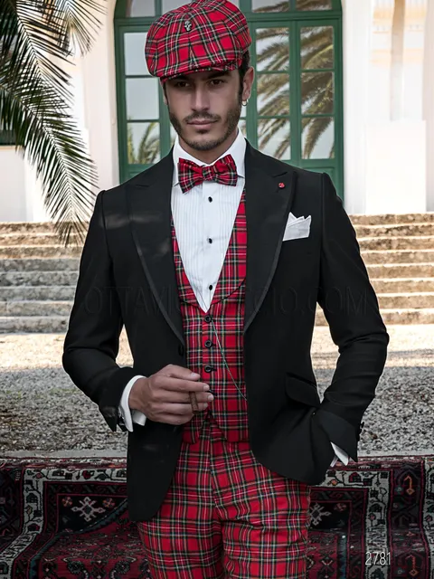 English style blazer with black jacket, trousers and waistcoat in red tartan