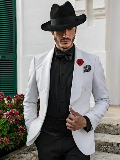 Tuxedo style suit with white jacket and black trousers