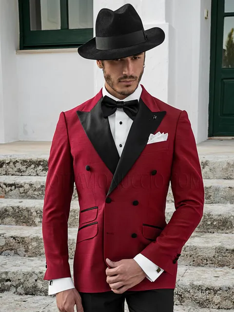 Men's formal suit with red double-breasted jacket and black trousers