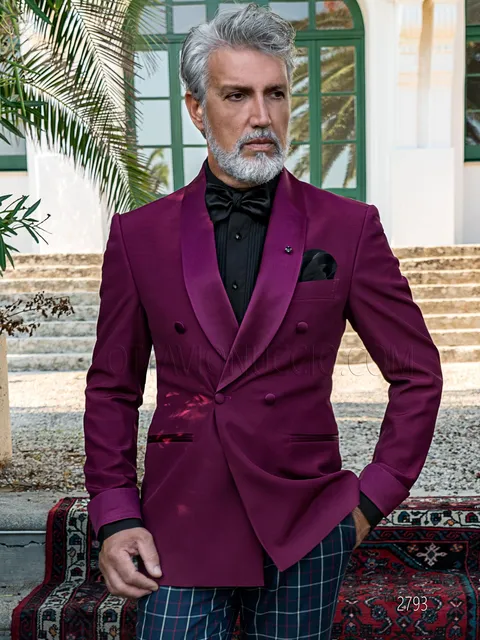 Fuchsia double-breasted formal tuxedo with tartan trousers