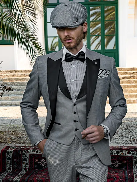 Modern vintage-chic style tuxedo in black and white houndstooth