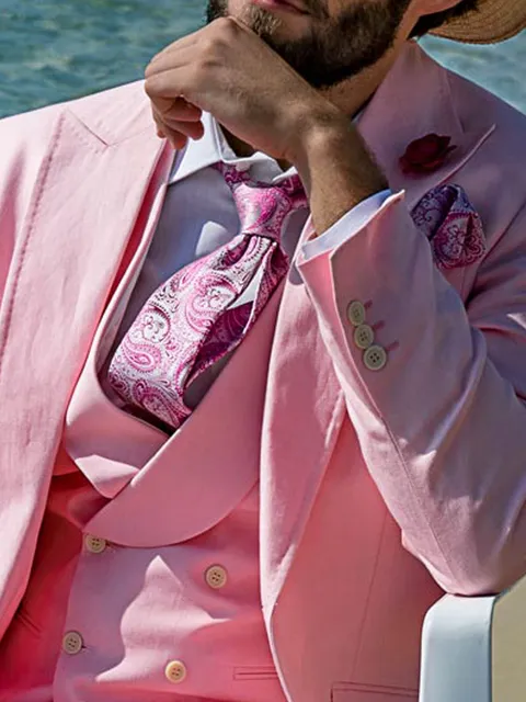Waistcoat double-breasted in pure pink linen