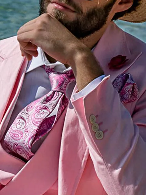 Tie and Handkerchief in pearl grey paisley silk with pink