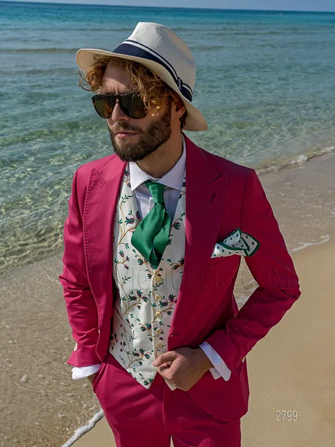 Abito uomo da cerimonia vintage in cotone piquet fucsia impunturato