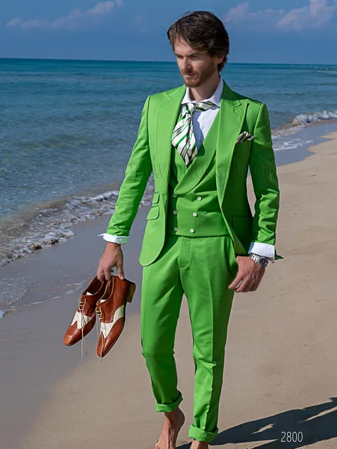 Abito cerimonia uomo in cotone piquet verde impunturato per matrimoni hipster