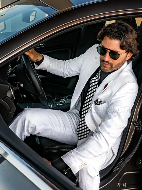 Men's double-breasted formal suit in pure white linen with black detailing
