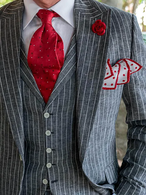 Waistcoat with lapels in grey pinstripe pure linen