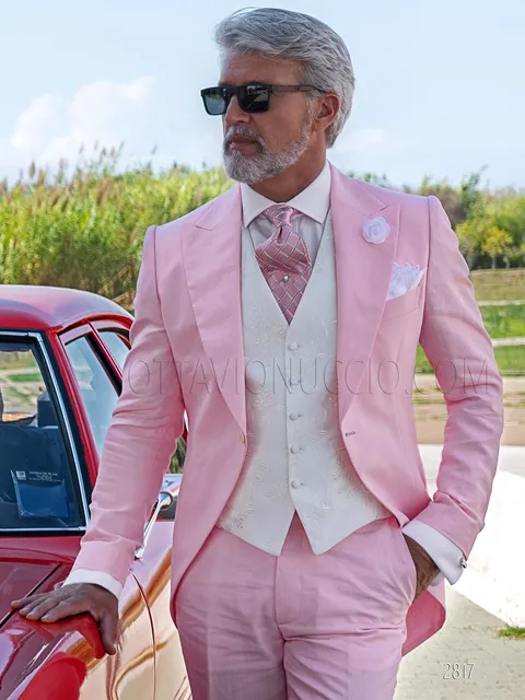 Demi-Morning suit in pure pink linen for a summer wedding