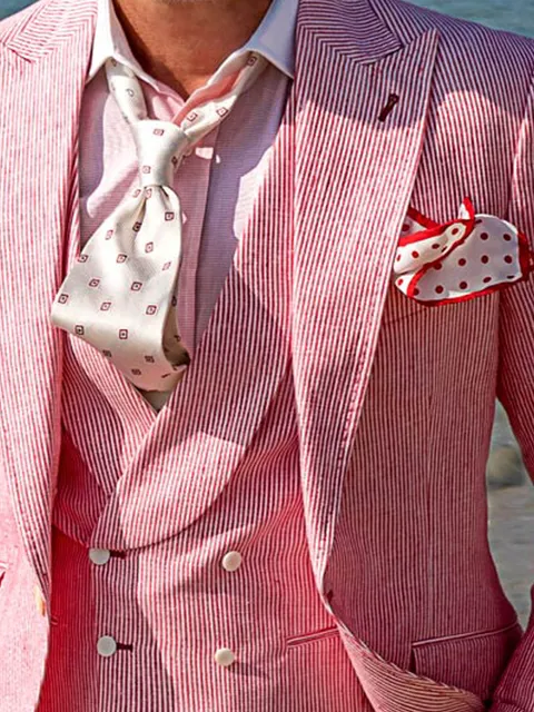 Double-breasted shawl waistcoat in white and red striped pure linen