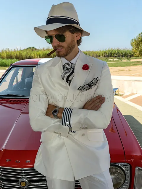 Men's double-breasted formal suit in white shantung