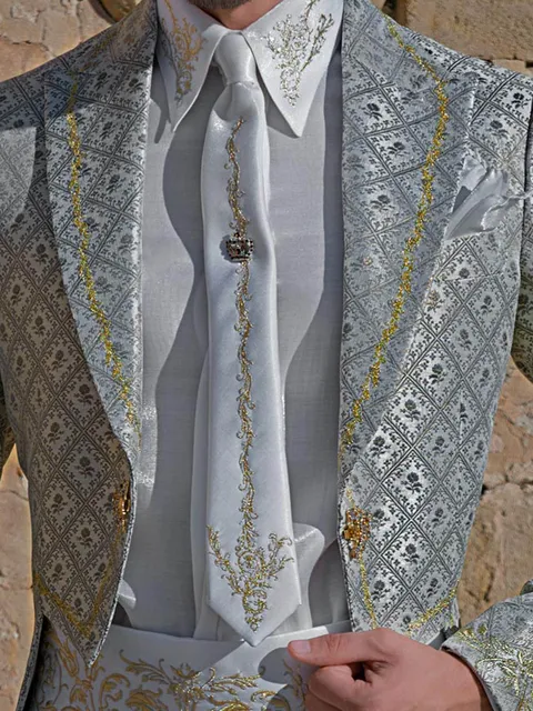 White Lurex Shirt, Tie and Cummerbund Set with Embroidery