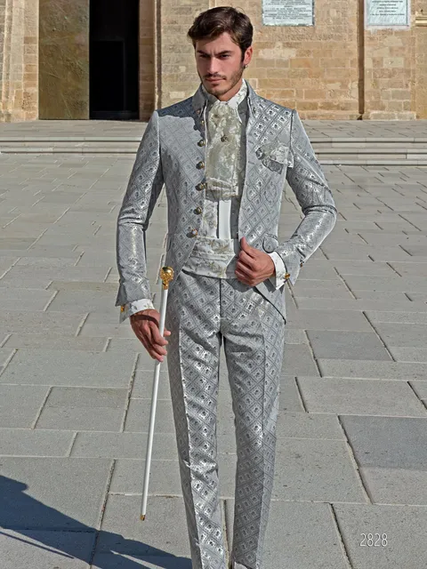Baroque style formal frock coat suit in pearl grey brocade with Napoleon collar