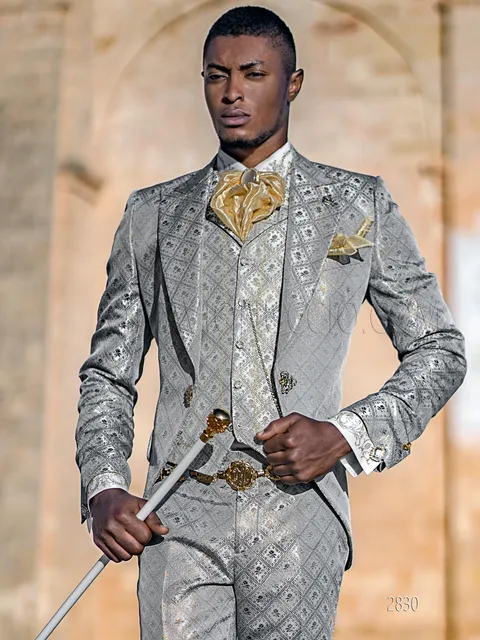 Formal suit in Baroque style, grey brocade fabric with gold embroidery
