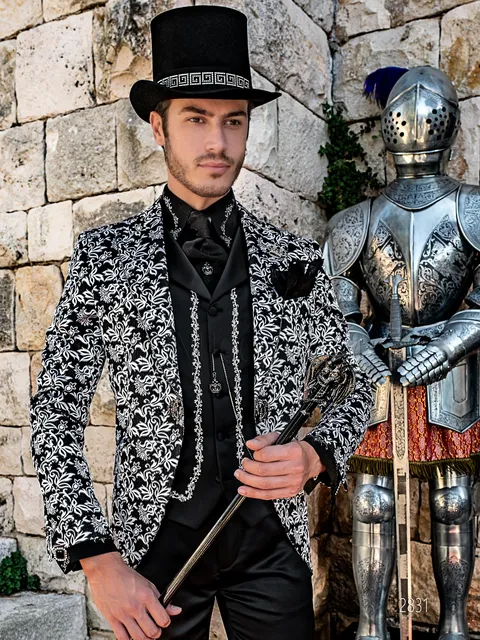 Men's suit in Gothic style, black and silver brocade with black satin trousers