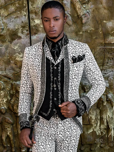 Suit for Gothic ceremonies in black and white damask with crystal trimming