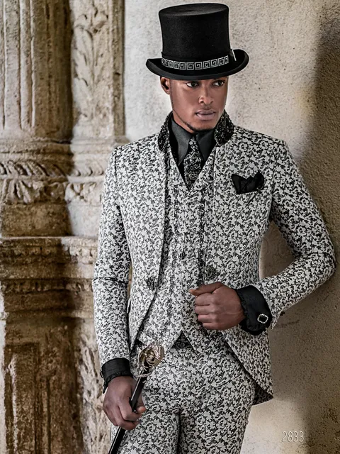Mandarin collar suit in Gothic style, black and white damask with crystal trimming