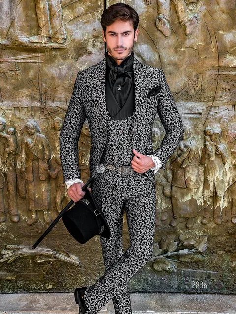Gothic formal suit with mandarin collar in black-silver damask with double-breasted waistcoat