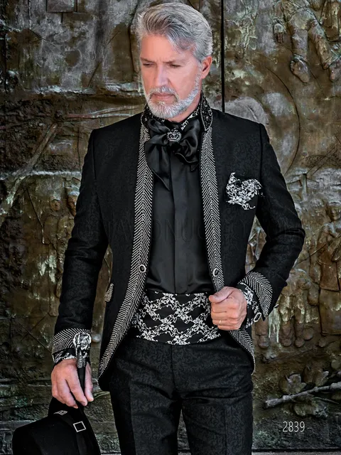 Sophisticated Gothic groom suit in black damask with crystal trimming