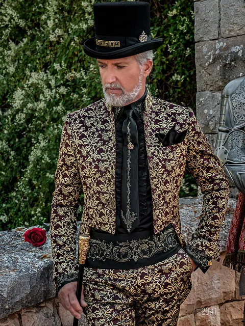 Gothic formal tailcoat in burgundy and gold brocade, trimming on the mandarin collar
