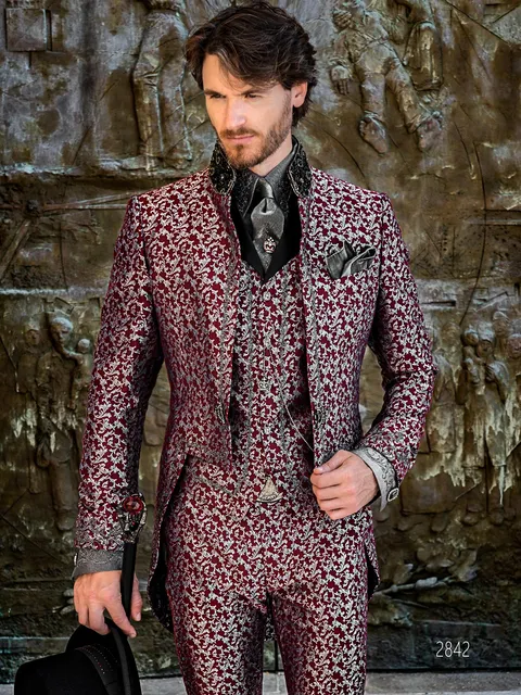 Mandarin collar tailcoat, Gothic fashion in burgundy damask with silver embroidery