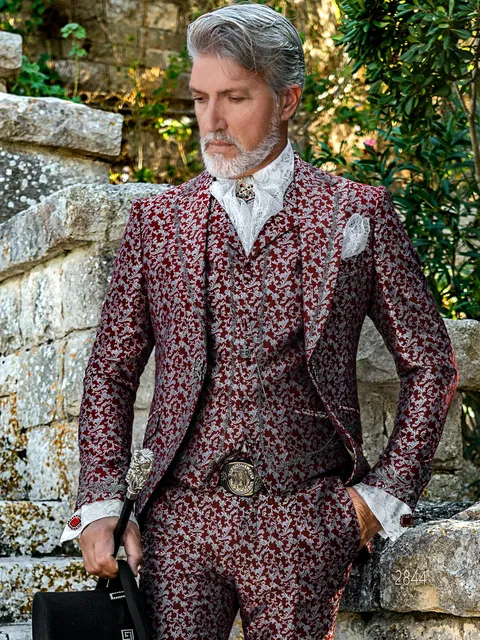 Men's Baroque period suit in red and silver with black-silver embroidery