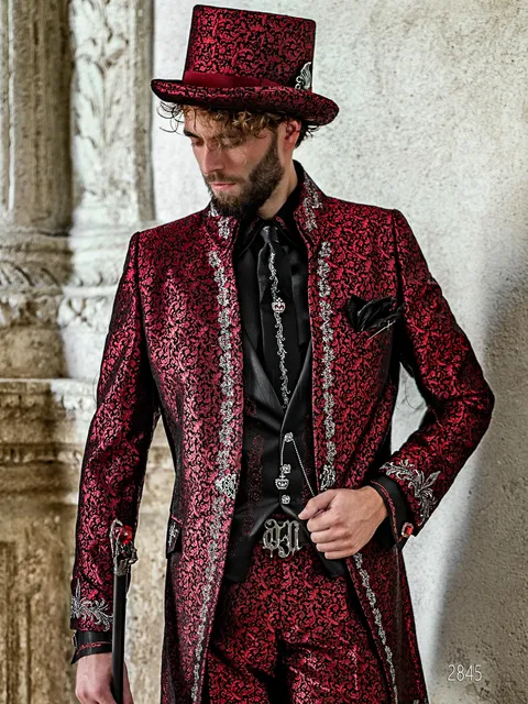 Formal suit in Gothic style, red damask with silver embroidery
