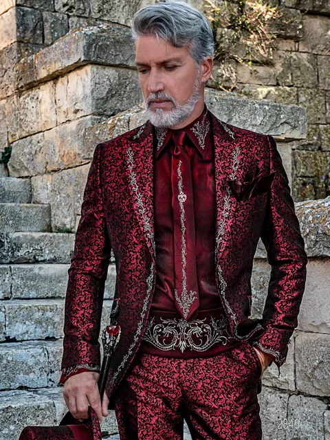 Men's Gothic suit in red damask with silver embroidery for themed weddings