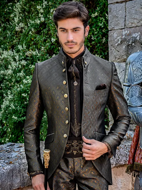 Formal suit with Napoleon collar in grey and gold brocade in Gothic style