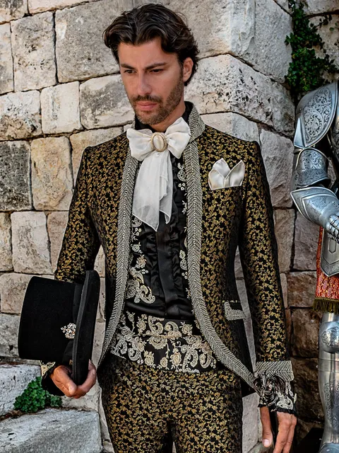 Luxurious suit in Baroque style, black and gold damask with crystal trimming