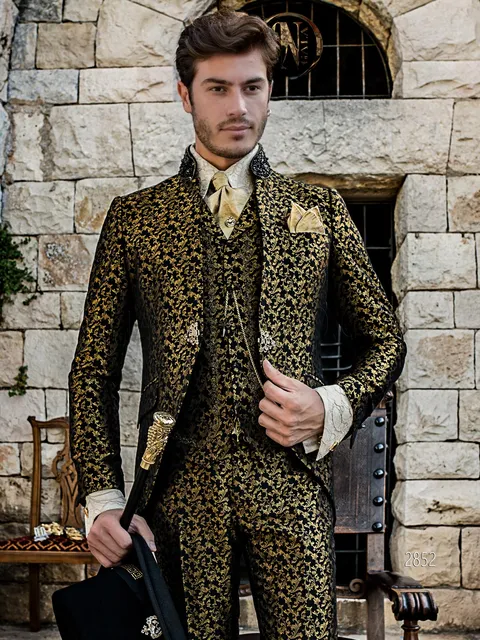 Mandarin collar suit in black and gold damask with pearl trimming on the collar