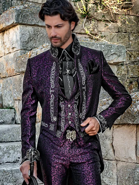 Distinctive tailcoat in Gothic style, purple damask with silver-black embroidery