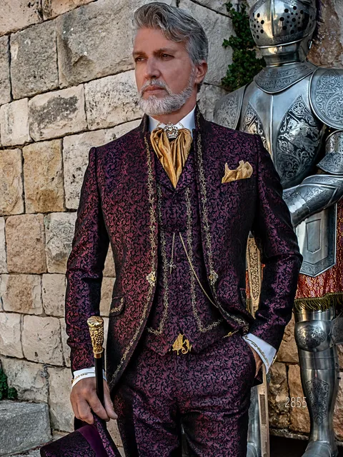 Formal suit in Baroque style, purple damask with gold embroidery