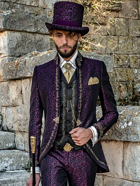 Men's formal suit in purple damask with black-gold embroidery, princely style