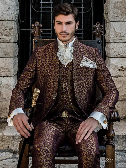 Men's Baroque formal suit in burgundy damask with black-gold embroidery