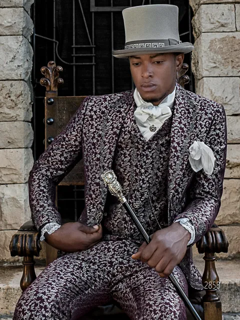 Men's made to measure suit in Baroque style, plum damask with black-silver embroidery