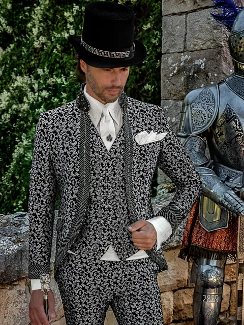 Men's groom suit in black and silver damask with crystal trimming